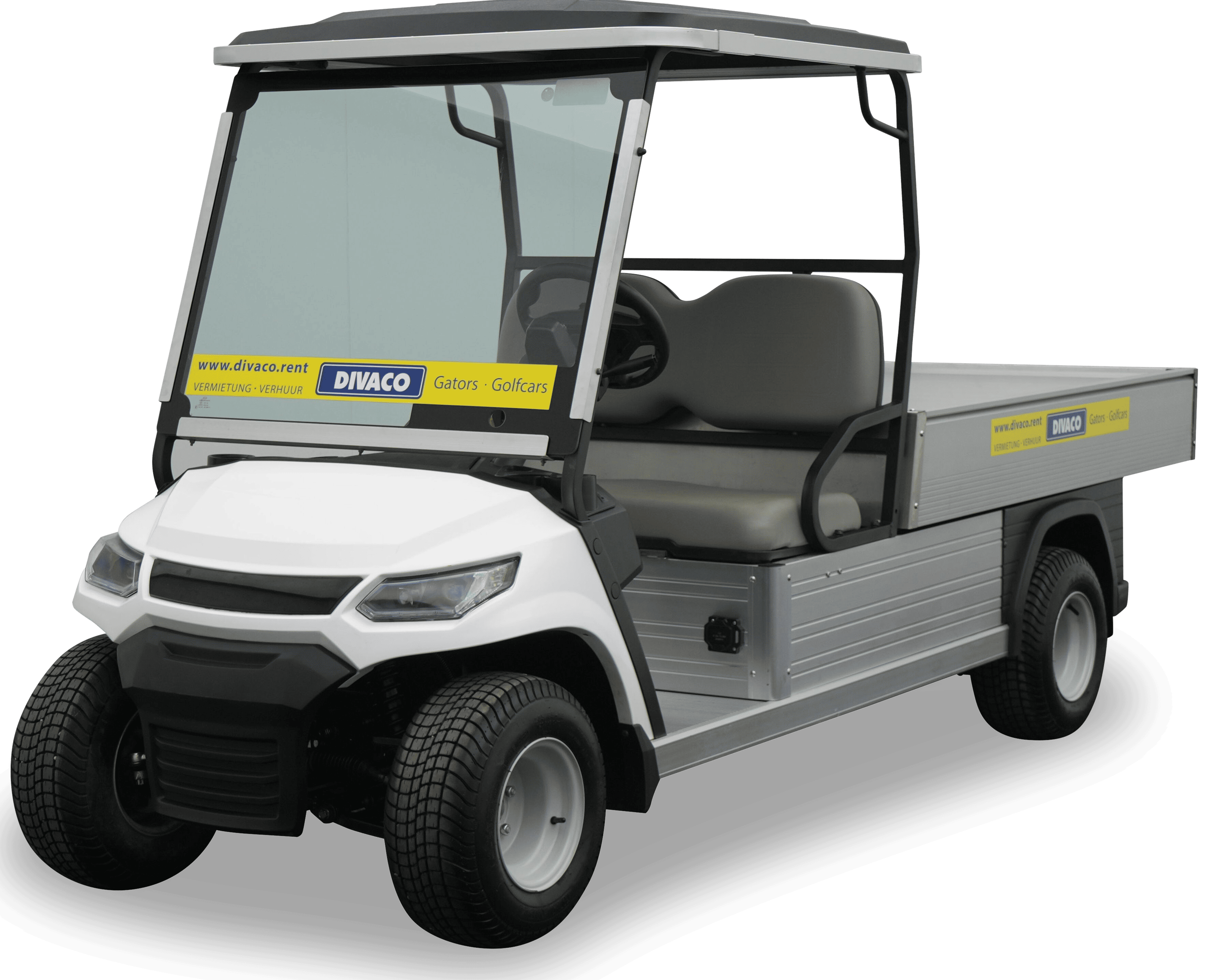 Elektrische Golfcarts für Personen- und Warentransport, als 2- bis 8-Sitzer, mit Optionen wie Ladefläche, Straßenzulassung, Beleuchtung und AHK.